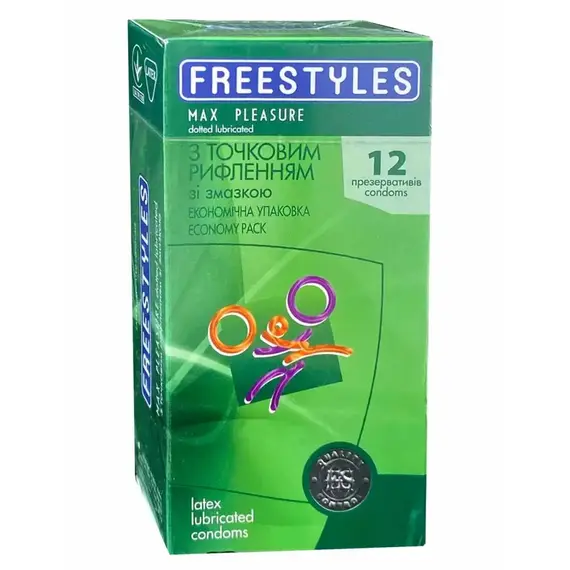 Презервативи з точковим рифленням FREESTYLES Max Pleasure 0.06 мм, 12 шт, Кількість в упаковці: 12 шт, Поверхня: З точками