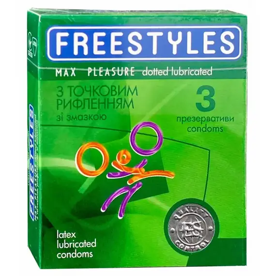 Презервативи з точковим рифленням FREESTYLES Max Pleasure 0.06 мм, 3 шт, Кількість в упаковці: 3 шт, Поверхня: З точками